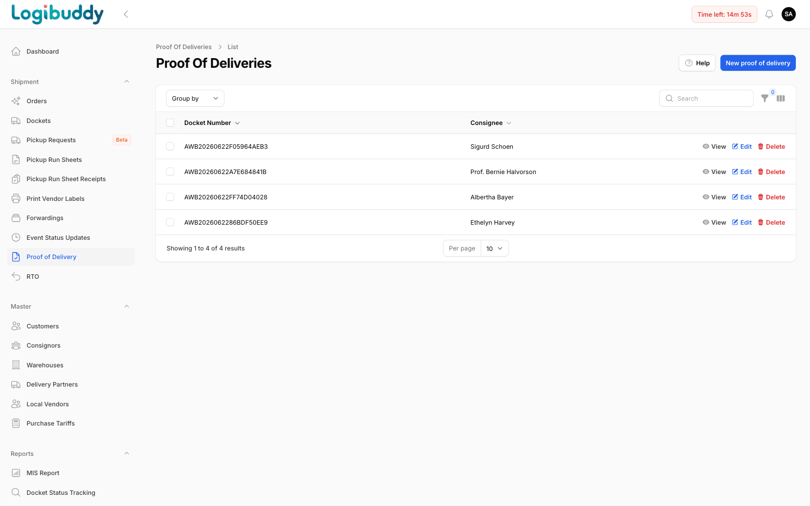 Proof of delivery list with docket numbers and consignee names